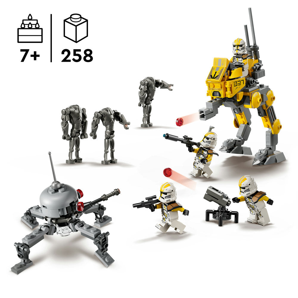 LEGO 75431 Star Wars 327th Star Corps Clone Troopers Battle Pack featuring yellow and white clone trooper minifigures with weapons, gray battle droids, a yellow and gray AT-TE walker mech, and a spherical droid with red accents, 258 pieces, ages 7 and up