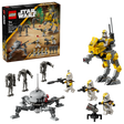 LEGO Star Wars 75431 327th Star Corps Clone Troopers Battle Pack featuring yellow and white clone trooper minifigures with weapons, gray battle droids, a spherical droid walker with red accents, and a large yellow and gray AT-TE walker, displayed with original packaging showing 258 pieces for ages 7 and up