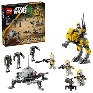 LEGO Star Wars 75431 327th Star Corps Clone Troopers Battle Pack featuring yellow and white clone trooper minifigures with weapons, gray battle droids, a spherical droid walker with red accents, and a large yellow and gray AT-TE walker, displayed with original packaging showing 258 pieces for ages 7 and up