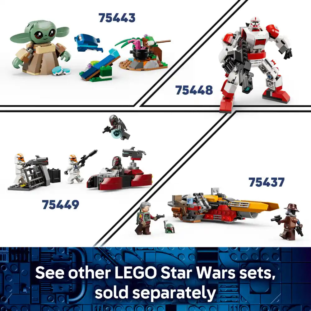 LEGO Star Wars set 75436 featuring Mandalorian character with blaster, Grogu minifigure, and red and yellow speeder bike with detailed cockpit, displayed alongside related LEGO Star Wars sets 75443, 75448, 75449, and 75437 showing various minifigures, vehicles and building elements from the Star Wars universe