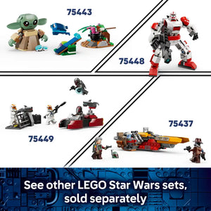 LEGO Star Wars set 75436 featuring Mandalorian character with blaster, Grogu minifigure, and red and yellow speeder bike with detailed cockpit, displayed alongside related LEGO Star Wars sets 75443, 75448, 75449, and 75437 showing various minifigures, vehicles and building elements from the Star Wars universe