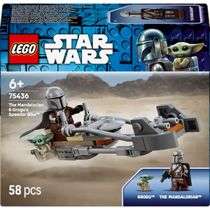 LEGO Star Wars The Mandalorian and Grogu's Speeder Bike set 75436 box showing silver and orange speeder bike with minifigures of The Mandalorian in metallic helmet and brown outfit and green Grogu character against desert background, 58 pieces, ages 6 plus