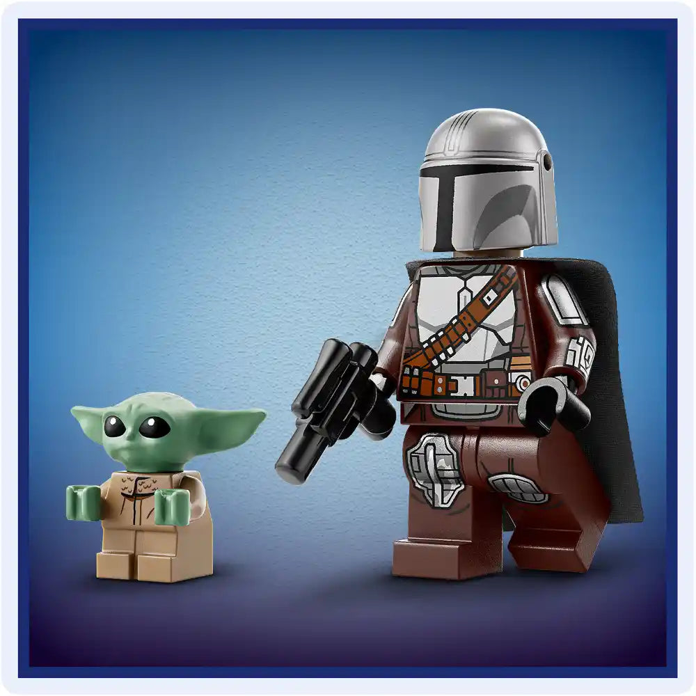 LEGO Star Wars Mandalorian and Grogu minifigures against blue background, featuring silver-helmeted Mandalorian warrior in brown and red armor holding blaster rifle, and small green Grogu character in tan robes