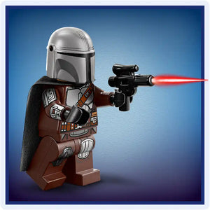 LEGO Star Wars Mandalorian minifigure with silver helmet and brown armor firing red blaster against blue background product shot