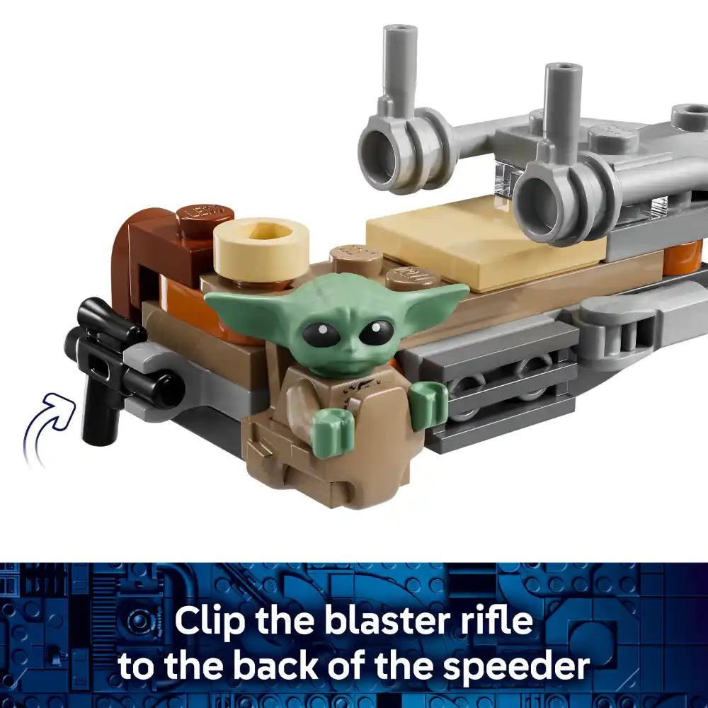 LEGO Star Wars The Mandalorian speeder bike set featuring green Grogu minifigure in tan robes seated on tan and grey vehicle with metallic grey engine components, brown details, and detachable black blaster rifle accessory shown in assembly instruction diagram