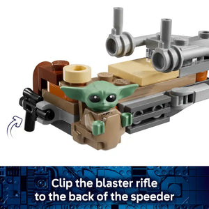 LEGO Star Wars The Mandalorian speeder bike set featuring green Grogu minifigure in tan robes seated on tan and grey vehicle with metallic grey engine components, brown details, and detachable black blaster rifle accessory shown in assembly instruction diagram