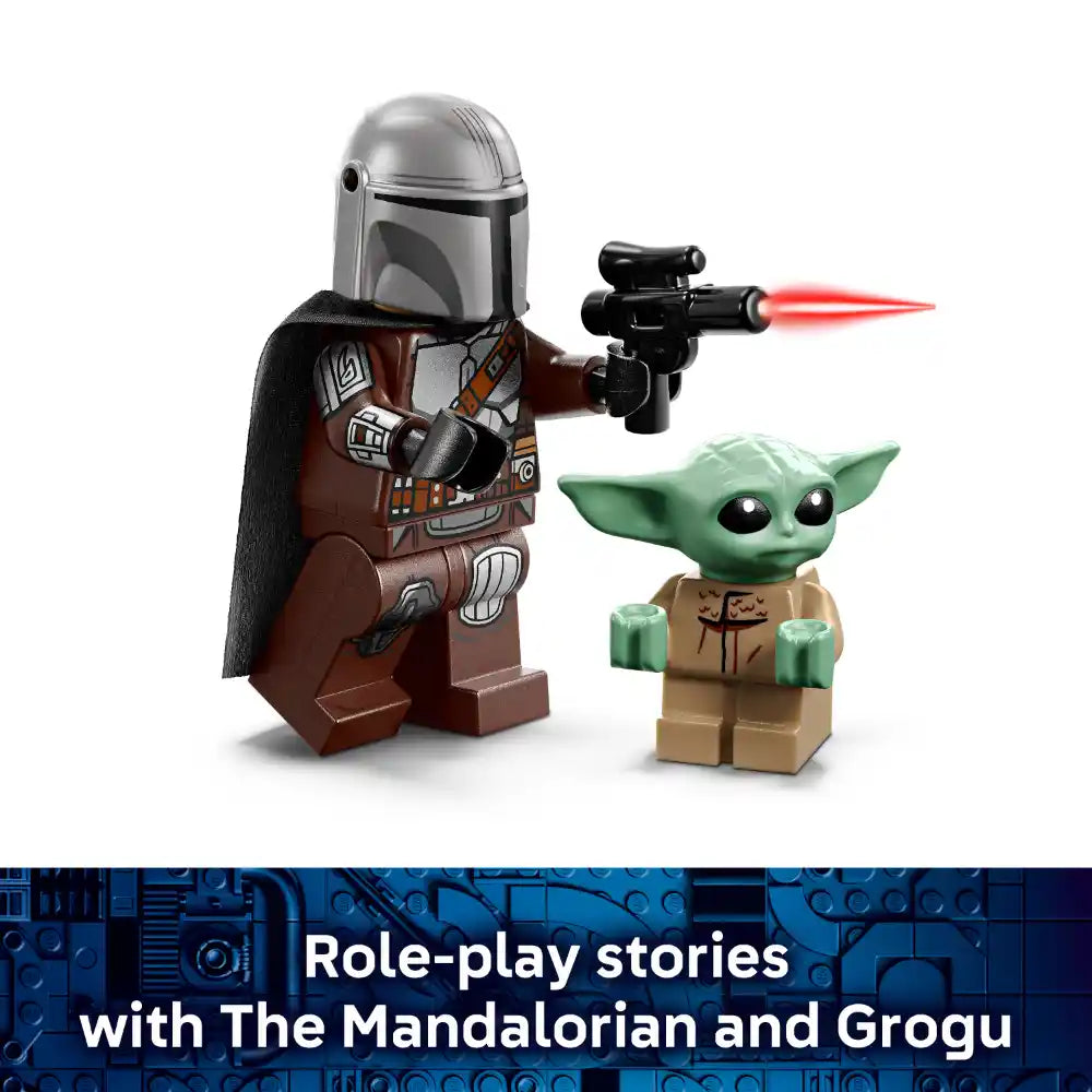 LEGO Star Wars minifigures of The Mandalorian in brown armor with silver helmet firing red blaster and Grogu in tan robes with green skin, displayed against blue circuit board background with text reading Role-play stories with The Mandalorian and Grogu