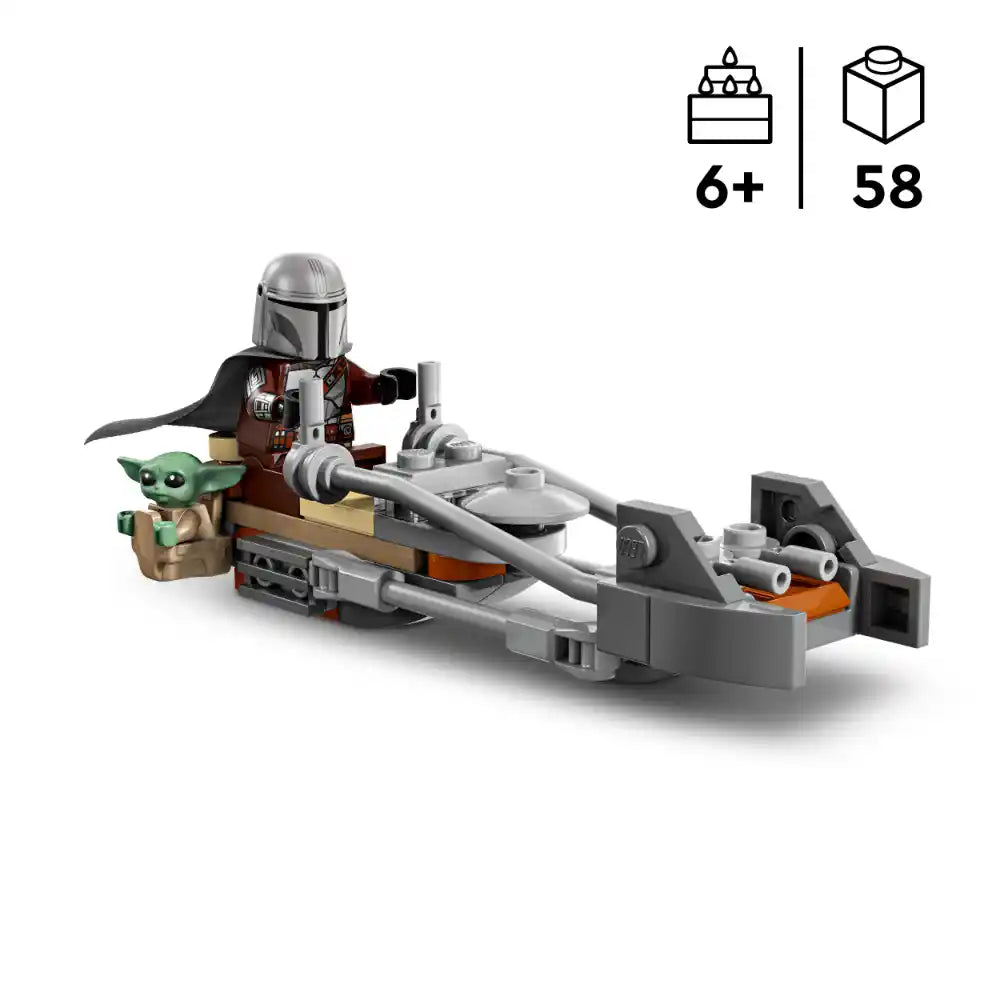 LEGO Star Wars The Mandalorian and Grogu's Speeder Bike set 75436 featuring a minifigure of the Mandalorian in silver helmet and brown armor, a green Grogu figure, and a gray and orange brick-built speeder bike with detailed cockpit and engine details, 58 pieces, ages 6+