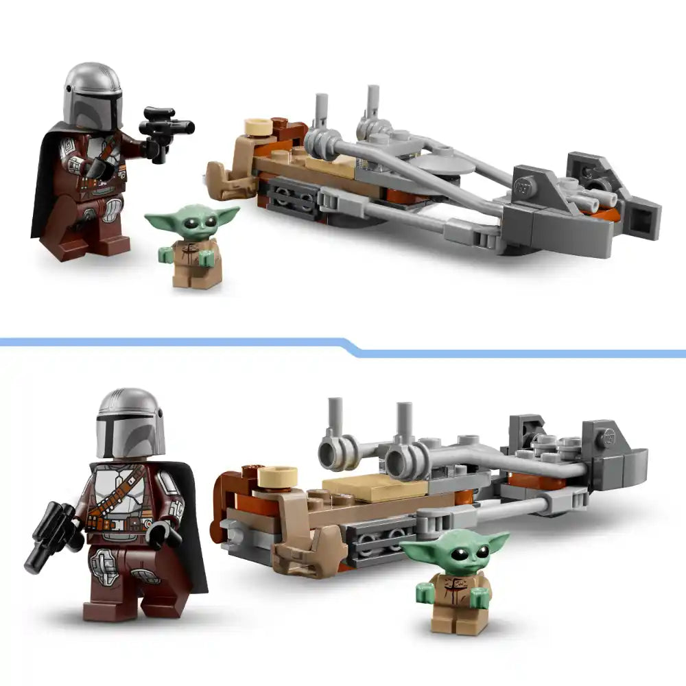 LEGO Star Wars set 75436 featuring Mandalorian minifigure with silver helmet and brown cape, Grogu character, and tan and gray speeder bike with silver engines shown in two angled views against white background