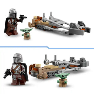 LEGO Star Wars set 75436 featuring Mandalorian minifigure with silver helmet and brown cape, Grogu character, and tan and gray speeder bike with silver engines shown in two angled views against white background