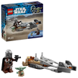 LEGO Star Wars set 75436 The Mandalorian and Grogu's Speeder Bike featuring minifigures of Din Djarin in brown and silver armor with blaster, Baby Yoda Grogu in tan robes, and a gray silver speeder bike with orange and brown accents, 58 pieces, age 6 plus