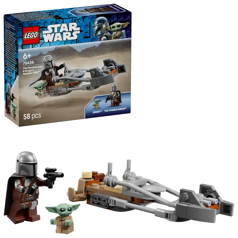 LEGO Star Wars set 75436 The Mandalorian and Grogu's Speeder Bike featuring minifigures of Din Djarin in brown and silver armor with blaster, Baby Yoda Grogu in tan robes, and a gray silver speeder bike with orange and brown accents, 58 pieces, age 6 plus