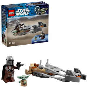 LEGO Star Wars set 75436 The Mandalorian and Grogu's Speeder Bike featuring minifigures of Din Djarin in brown and silver armor with blaster, Baby Yoda Grogu in tan robes, and a gray silver speeder bike with orange and brown accents, 58 pieces, age 6 plus