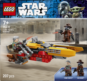 LEGO Star Wars 75437 Cobb Vanth's Speeder set featuring yellow and red brick speeder vehicle with gray-haired minifigure pilot, brown-robed Cobb Vanth and Cad Bane minifigures, desert background, 207 pieces, age 7 plus