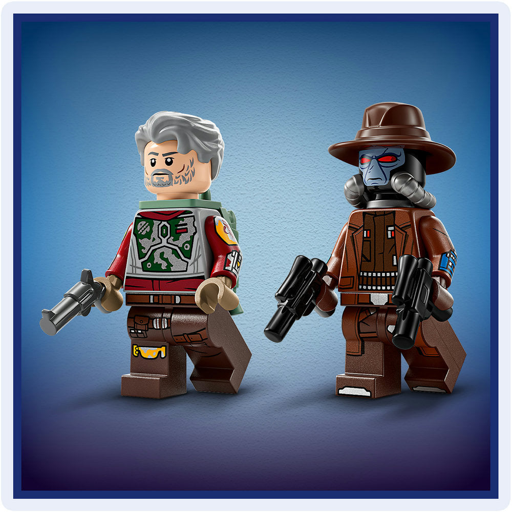 Two LEGO minifigures standing against a blue gradient background: on the left, a character with gray hair and beard wearing a red and green jacket holding a blaster, and on the right, a blue-skinned character in a brown hat and coat holding dual black blasters, representing characters from LEGO Star Wars set 75437 Cobb Vanth's Speeder