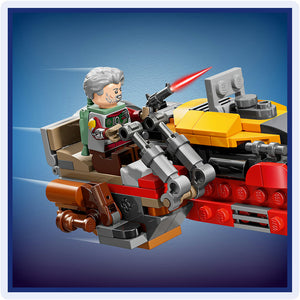 LEGO Cobb Vanth's Speeder set 75437 featuring a minifigure with white hair in green jacket piloting a red and yellow motorized speeder with dual exhaust pipes, mounted weapons, and grey engine components against a blue gradient background