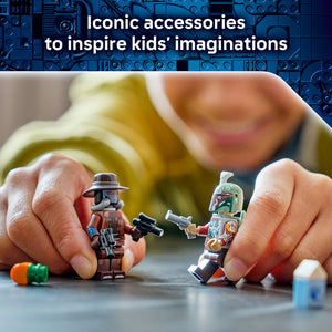 Child's hands holding two LEGO minifigures in a Western-style confrontation pose against a blue LEGO brick background, with the text "Iconic accessories to inspire kids' imaginations" displayed above