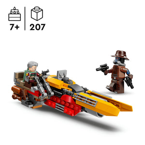 LEGO Cobb Vanth's Speeder set 75437 featuring a yellow and red brick-built speeder vehicle with minifigures, 207 pieces, recommended age 7 plus