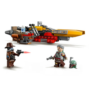 LEGO Cobb Vanth's Speeder set 75437 featuring a yellow and red brick-built speeder vehicle with brown and black accents, including three minifigures: a brown-clothed character with hat and blaster, an older grey-haired character in red armor with blaster, and a green helmet piece displayed on white background