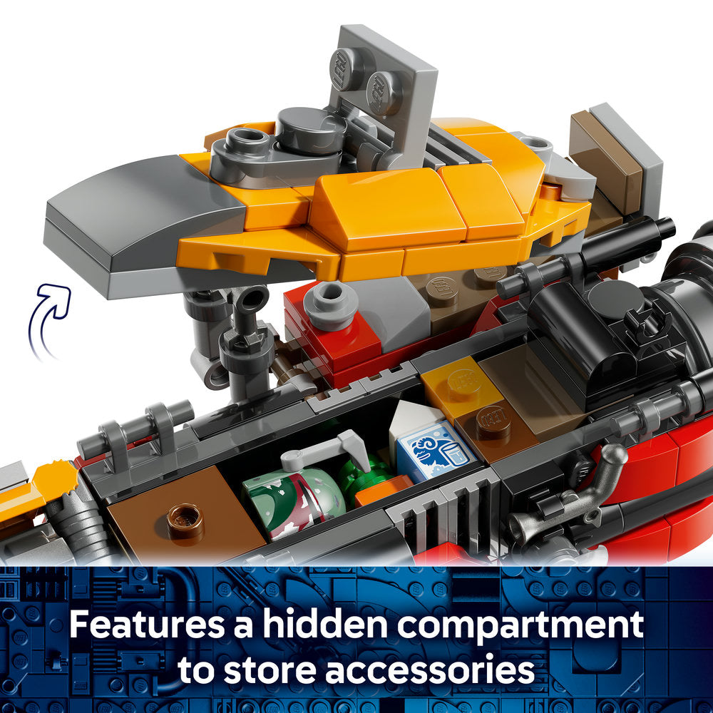 LEGO Cobb Vanth's Speeder 75437 set featuring yellow and orange speeder vehicle with gray cockpit, red and black engine components, and open compartment displaying accessories including brown and colored pieces