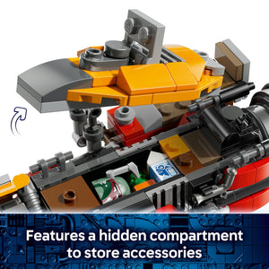 LEGO Cobb Vanth's Speeder 75437 set featuring yellow and orange speeder vehicle with gray cockpit, red and black engine components, and open compartment displaying accessories including brown and colored pieces