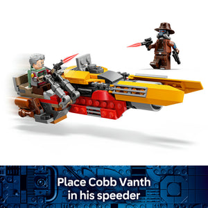 LEGO Cobb Vanth's Speeder set 75437 featuring a red and yellow brick-built speeder vehicle with gray and black engine details, gray-haired minifigure pilot in green and red outfit, and brown-clothed antagonist minifigure with blaster weapon against white background