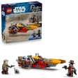 LEGO Star Wars 75437 Cobb Vanth's Speeder set showing yellow and red buildable speeder vehicle with gray engines, three minifigures including Cobb Vanth and Grogu, displayed against sandy desert backdrop, 207 pieces