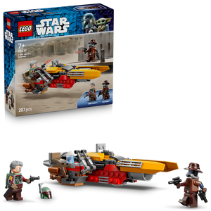 LEGO Star Wars 75437 Cobb Vanth's Speeder set showing yellow and red buildable speeder vehicle with gray engines, three minifigures including Cobb Vanth and Grogu, displayed against sandy desert backdrop, 207 pieces
