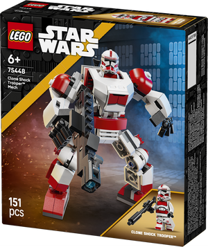 LEGO Star Wars Clone Shock Trooper Mech set 75448 featuring a red and white buildable mech suit with articulated limbs, helmet-shaped cockpit, and included minifigure, displayed on packaging box with 151 piece count for ages 6 and up