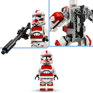 LEGO Clone Shock Trooper Mech 75448 set featuring red and white minifigure with blaster rifle, detailed mech suit with gray and red armor plating, and close-up views of the trooper head and full mech construction