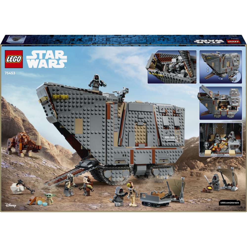 LEGO Star Wars™ Offworld Sandcrawler™ and Mudhorn 75453 - the back of the box showing play features and box contents. 1683 pieces. Ages 14+.