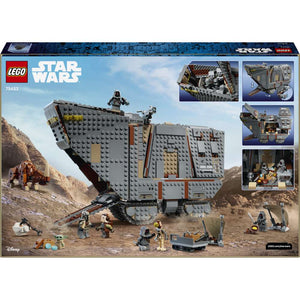 LEGO Star Wars™ Offworld Sandcrawler™ and Mudhorn 75453 - the back of the box showing play features and box contents. 1683 pieces. Ages 14+.