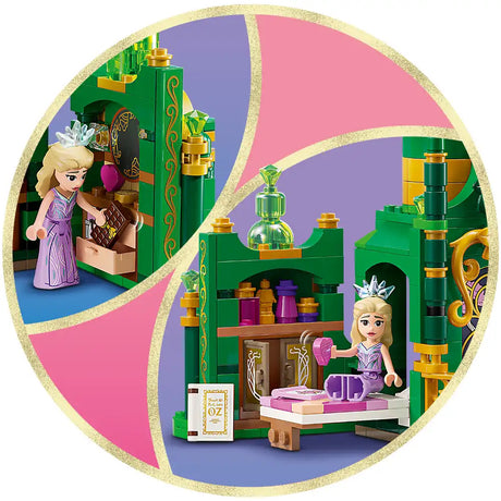 LEGO Wicked Emerald City and Kiamo Ko Castle set 75689 featuring green ornate castle structures with gold decorative details, pink and purple interior scenes, minifigures in purple gowns, potion bottles, furniture pieces, and a spell book, displayed in circular window frames with pink, purple and blue backgrounds and gold glitter border