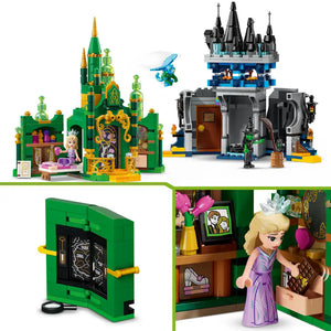 LEGO Wicked Emerald City and Kiamo Ko Castle set 75689 featuring green castle with golden spires and minifigures, dark castle tower with blue accents, green storybook element, and character figurine in purple dress