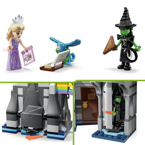 LEGO Wicked Emerald City and Kiamo Ko Castle set 75689 featuring minifigures of Elphaba the Wicked Witch in black outfit with green skin and hat, Glinda in purple gown with tiara, and a blue winged creature, alongside gray castle building sections with brown door and colorful rainbow accent details