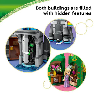 LEGO Wicked Emerald City and Kiamo Ko Castle playset showing three circular detail views of hidden interior features including a dark chamber with green witch figure, blue interior room with seating, and pink and green bedroom scene with blonde minifigure in purple dress