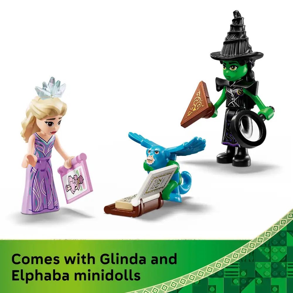 LEGO Wicked minifigures set featuring Elphaba the Wicked Witch in green with black hat and cauldron, Glinda in purple dress with tiara and wand, and a blue bird character with spell book, displayed against white background with green LEGO branding stripe