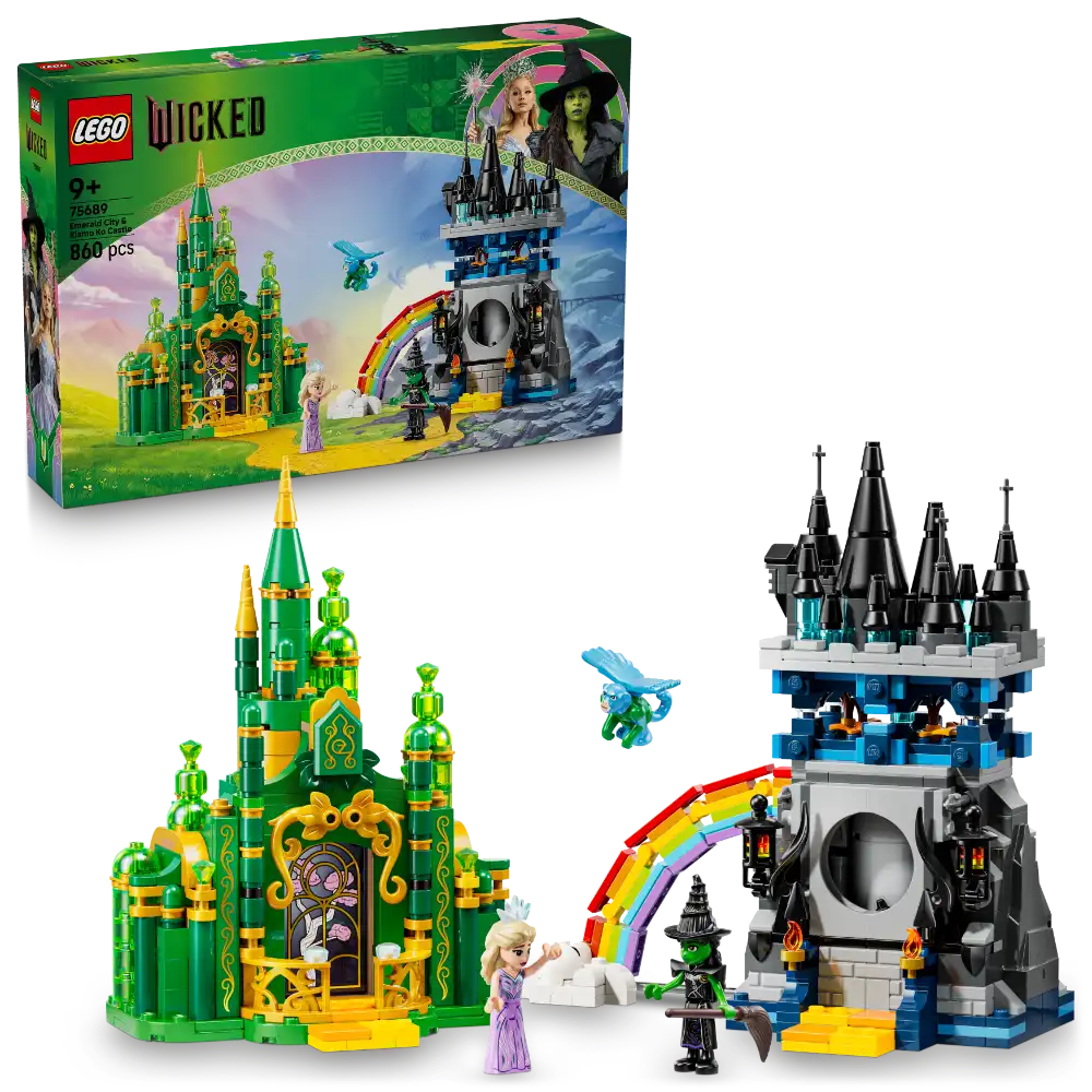 LEGO Wicked 75689 set featuring green Emerald City castle with gold accents and black Kiamo Ko Castle connected by rainbow bridge, includes minifigures and blue dragon, 800 pieces, age 9+