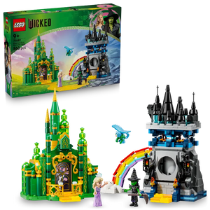 LEGO Wicked 75689 set featuring green Emerald City castle with gold accents and black Kiamo Ko Castle connected by rainbow bridge, includes minifigures and blue dragon, 800 pieces, age 9+