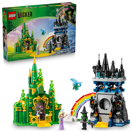 LEGO Wicked 75689 set featuring green Emerald City castle with gold accents and black Kiamo Ko Castle connected by rainbow bridge, includes minifigures and blue dragon, 800 pieces, age 9+