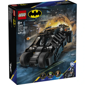 LEGO Batman Tumbler set 76303 box showing black armored vehicle with large wheels against blue urban background, includes Batman minifigure and villain characters Two-Face and The Joker, 429 pieces, ages 8 plus