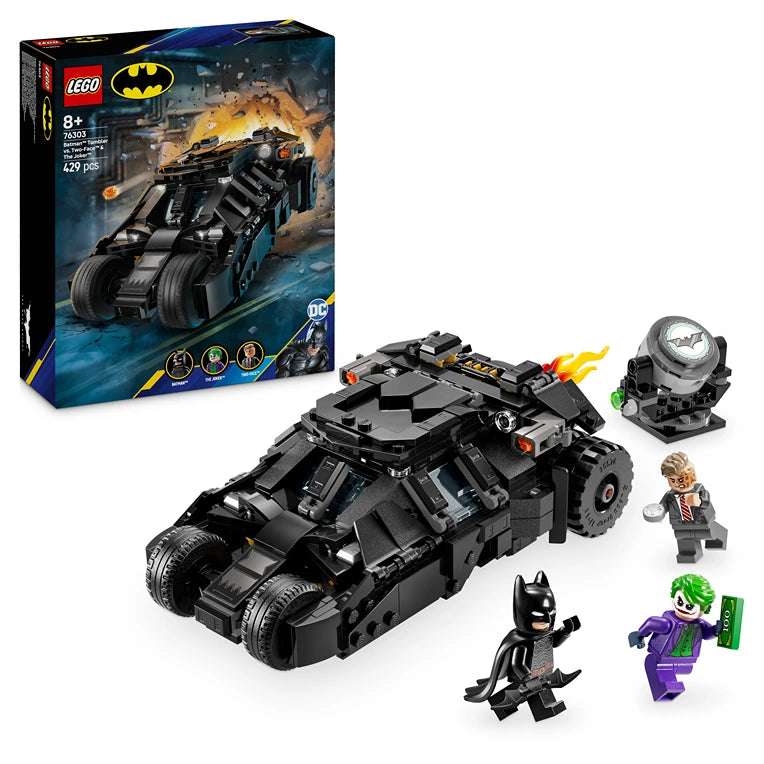 LEGO Batman set 76303 featuring black Tumbler vehicle with yellow flame details, Batman minifigure, Two-Face and Joker characters, searchlight accessory, and product box on blue background with 429 pieces
