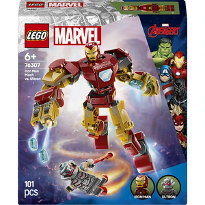 LEGO Marvel 76307 Iron Man Mech vs Ultron building set box showing red and gold armored mech suit with blue energy effects, includes 101 pieces and two minifigures against purple cloudy background