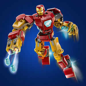 LEGO Iron Man Mech suit buildable figure in red and gold with glowing blue arc reactor and repulsor effects against dark blue background