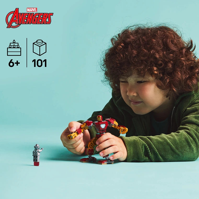 Child with curly brown hair wearing a black and green jacket playing with a red and gold LEGO Iron Man mech suit against a turquoise background, with a small LEGO Ultron minifigure visible, Marvel Avengers logo in top left corner, age 6+ and 101 pieces indicated