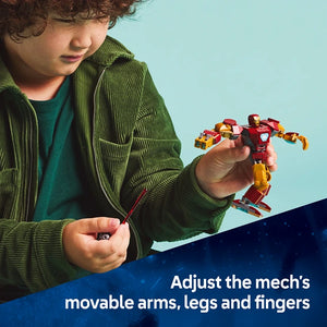 Child wearing green corduroy jacket holding LEGO Iron Man Mech figure with movable red and gold arms against blue background with product text