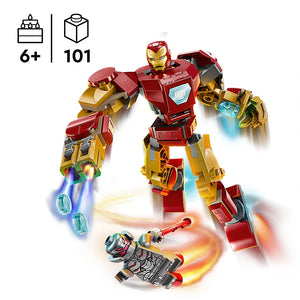 LEGO Iron Man Mech vs Ultron 76307 set showing red and gold motorized Iron Man mech suit with illuminated features and a small Ultron minifigure with weapon, 101 pieces, ages 6 and up