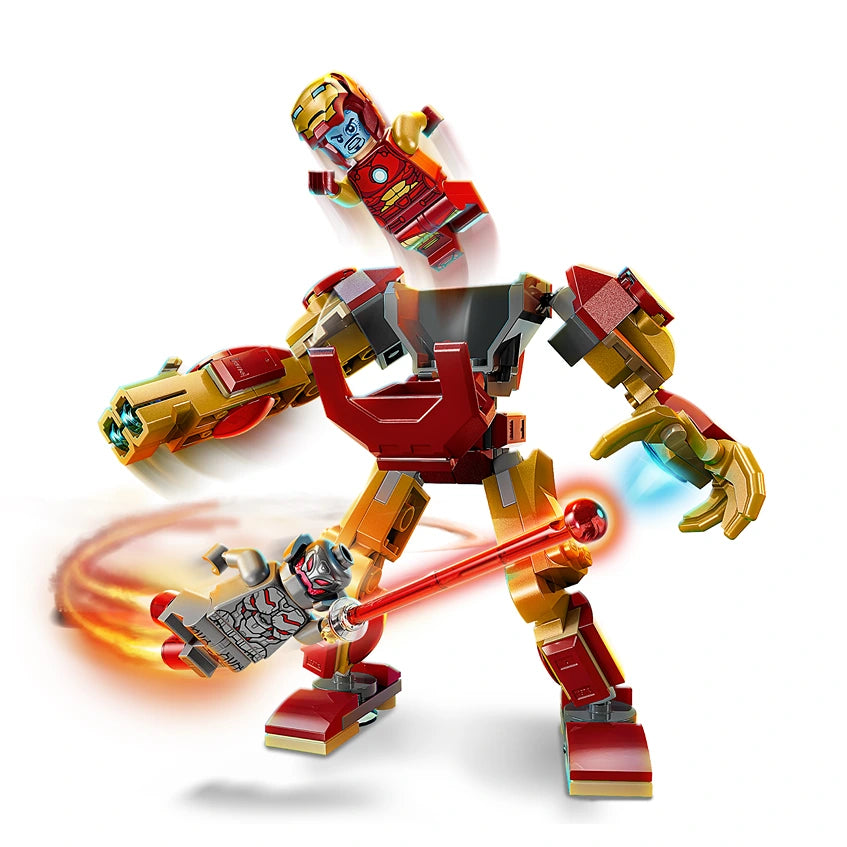 LEGO Iron Man red and gold mech suit with articulated limbs fighting minifigure character set 76307 featuring buildable robot armor with glowing energy effects and accessory weapon pieces on white background