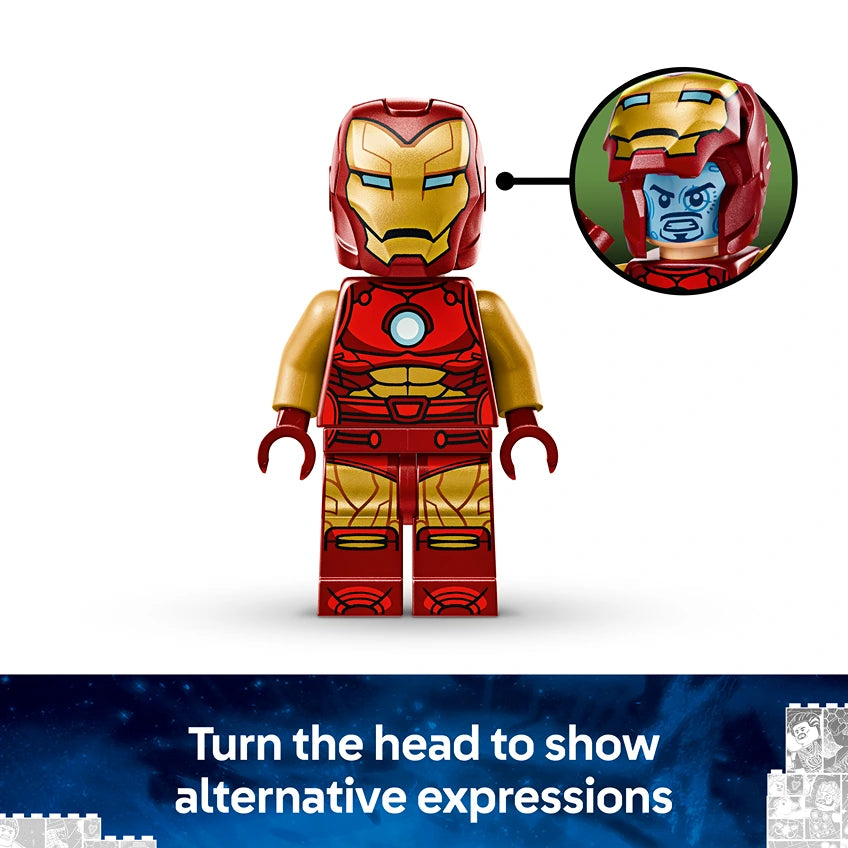 LEGO Iron Man minifigure in red and gold armor with removable helmet showing alternative facial expressions, displayed against white background with product packaging detail visible