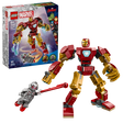 LEGO Marvel Iron Man Mech 76307 buildable figure in red and gold with articulated limbs displayed next to minifigure Ultron, shown with retail box packaging on white background